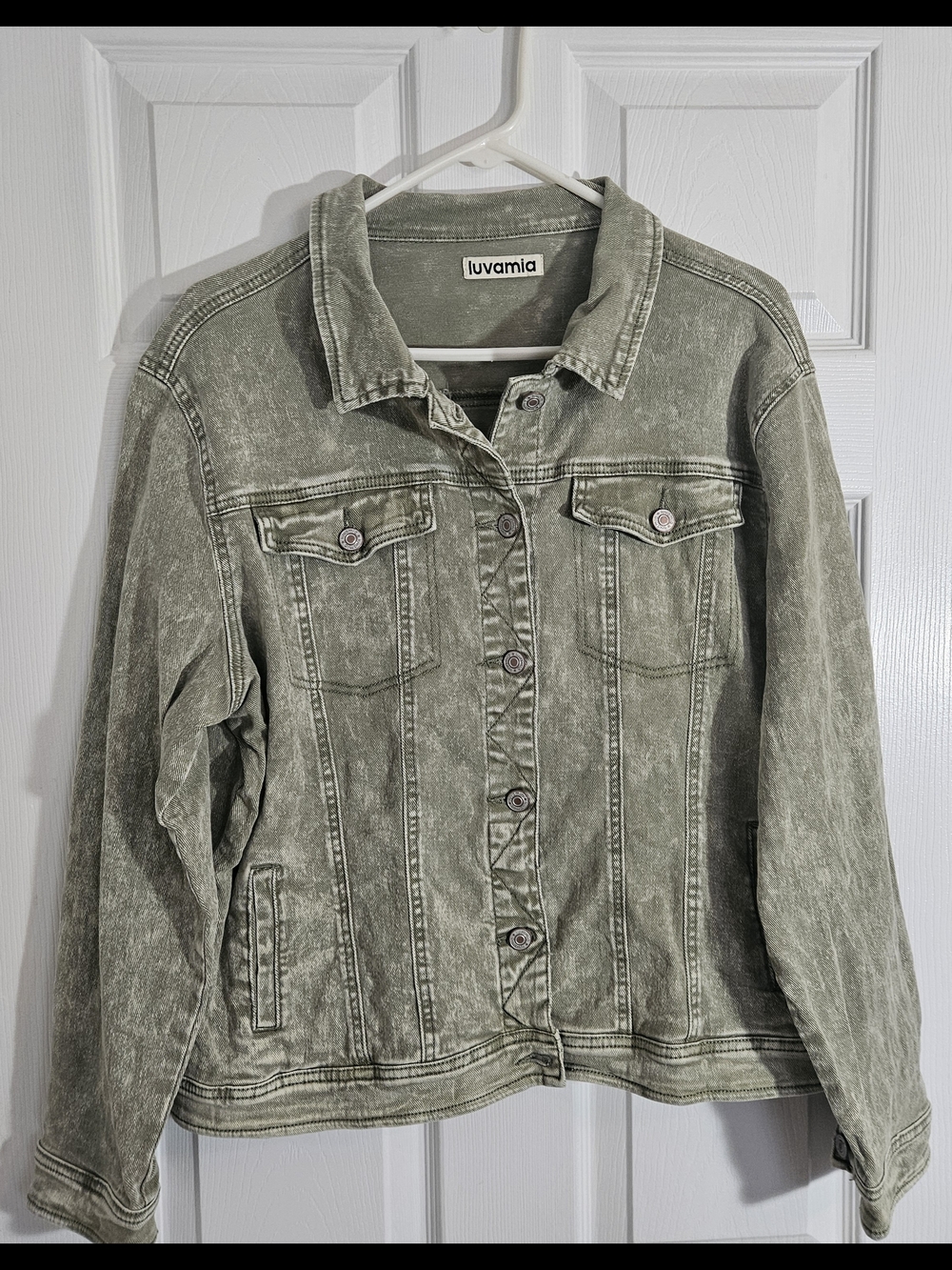 Luvamia Womens Medium Olive Green Distressed Y2k Cropped Denim Jacket